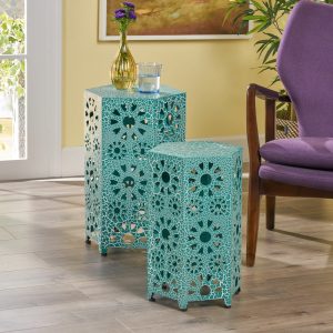 12 inch and 14 inch crackle finish sunburst iron side table set nh739203